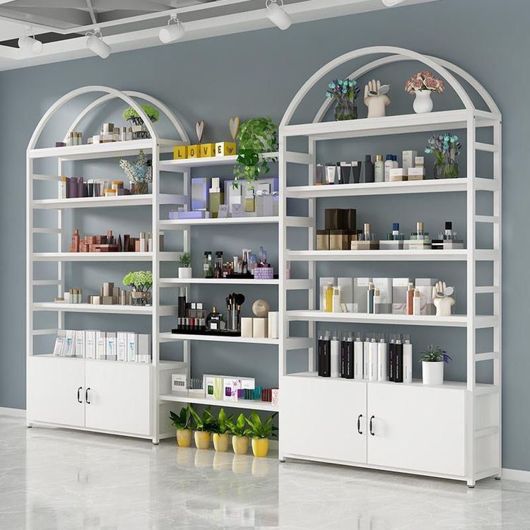 高檔化妝品展示柜整店設(shè)計(jì)金屬口紅展示架臺木帶燈眼影彩妝陳列柜